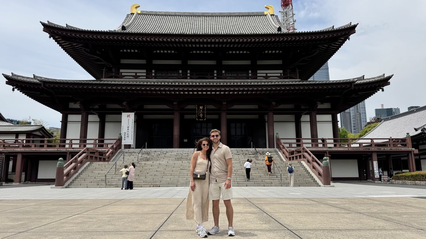 Tyler Woodall in front of Zojo-ji temple in Tokyo, Japan